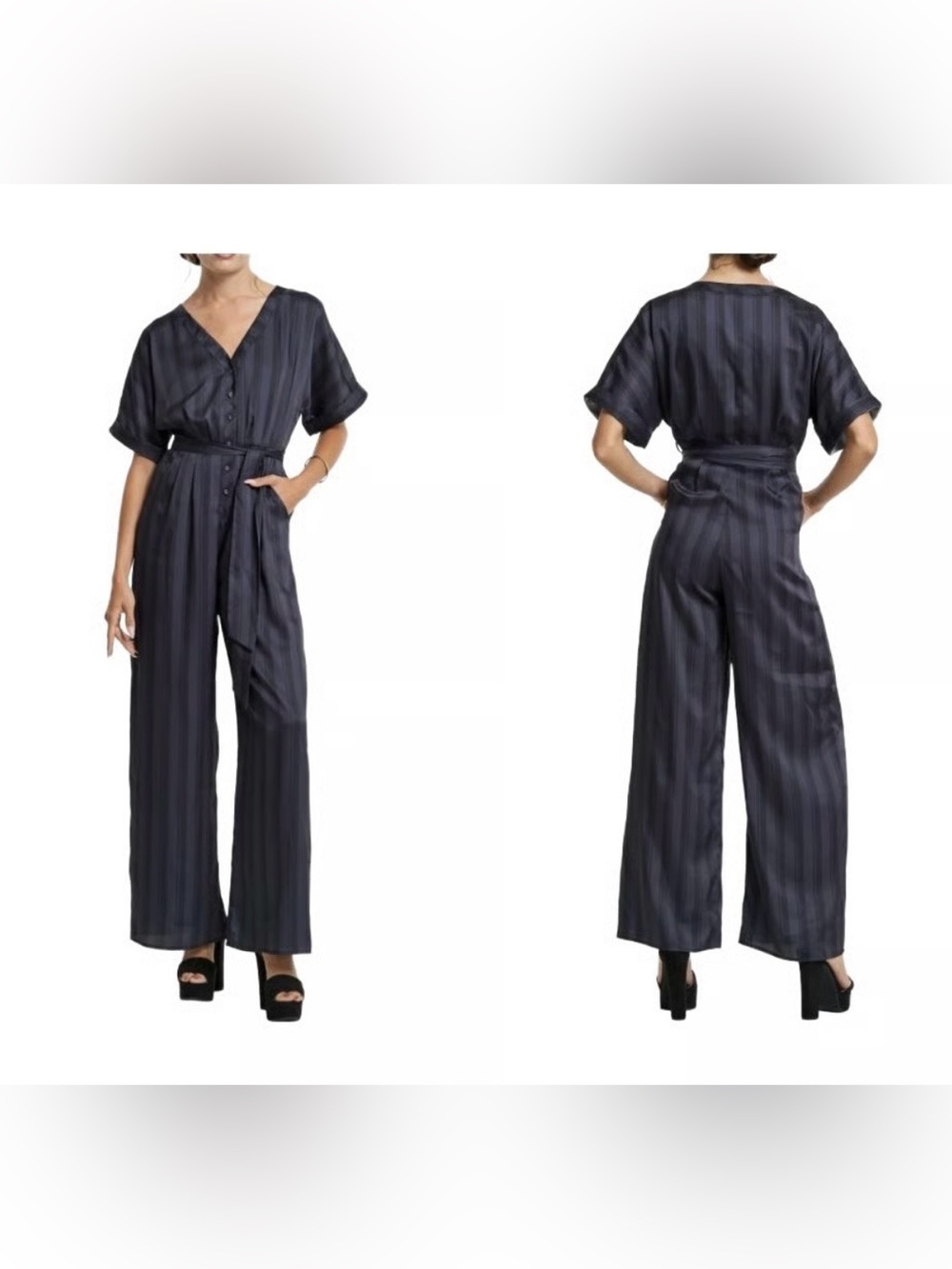 NEW CIEBON Gray Striped Short-Sleeve Wide-Leg Jumpsuit with Self Tie Waist